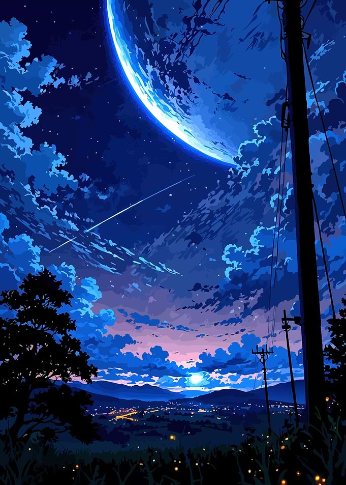 Blue Night Landscape with Planet