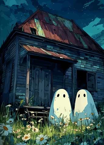 Two Ghosts by Old House in Field