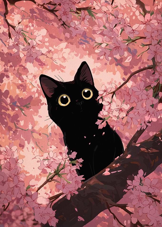 Black cat in cherry blossom tree