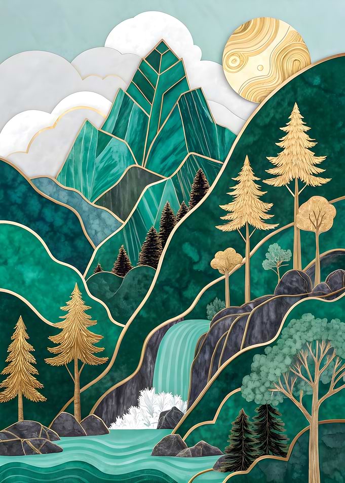 Emerald Geometric Gold Mountain Waterfall Art Print Nature