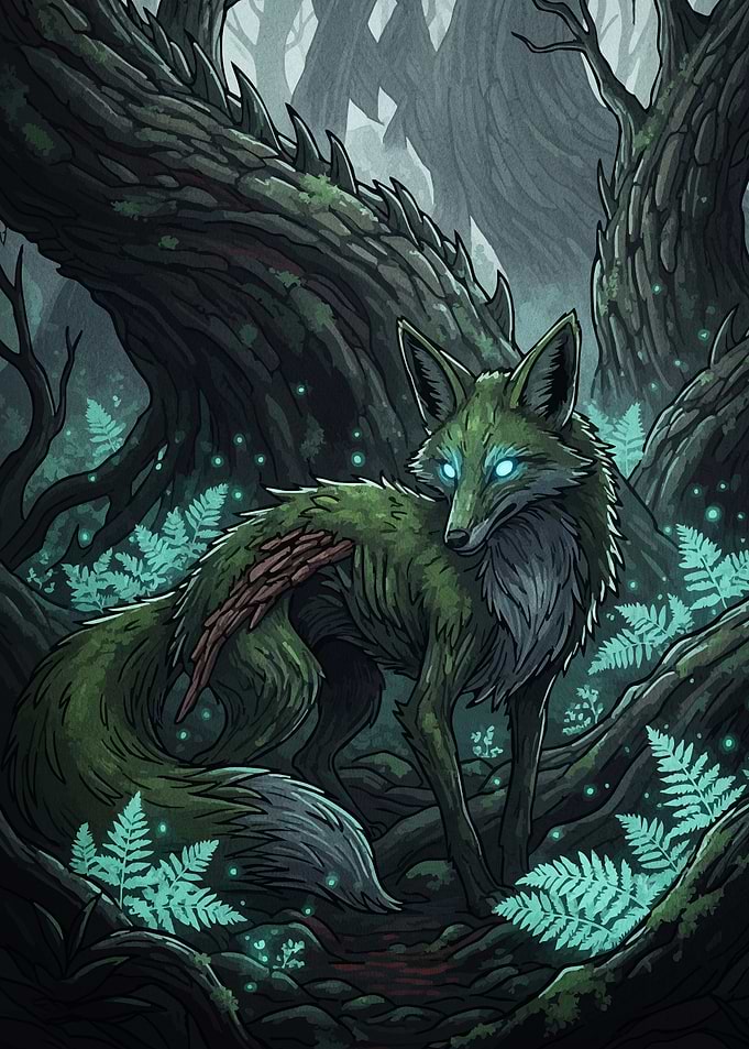 Mystical Green Fox Dark Forest