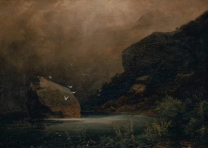Misty Landscape Painting with Birds