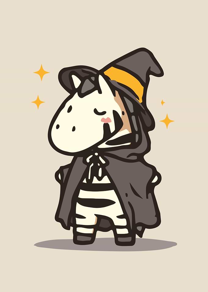Cartoon Zebra Witch with Cape and Hat