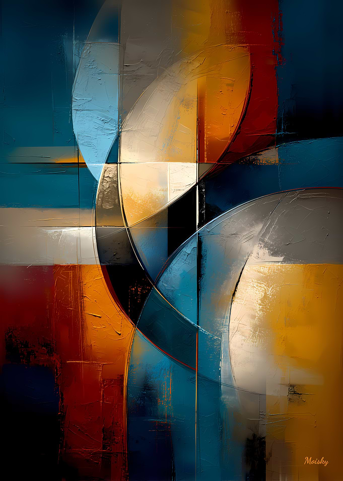 Abstract Curved Intersection – Blue, Gold & Ivory Geometry