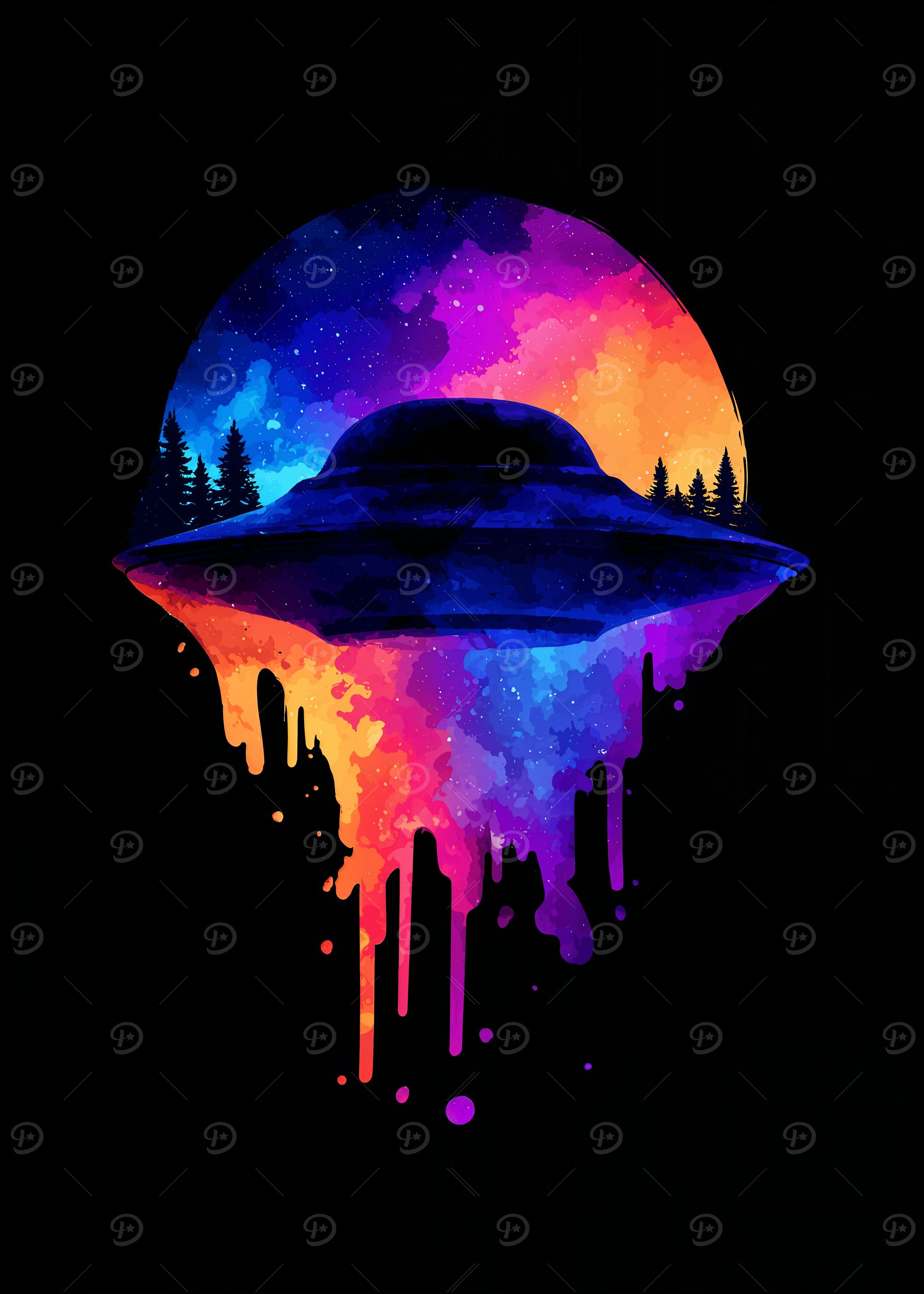 Watercolor UFO over Forest Silhouette