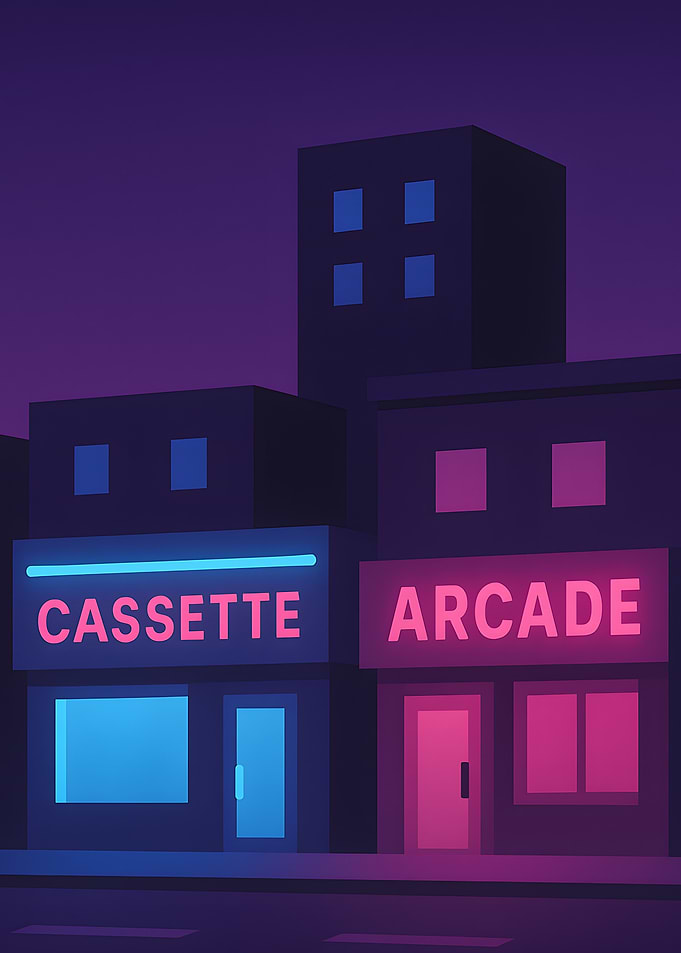 Neon Cityscape with Cassette and Arcade