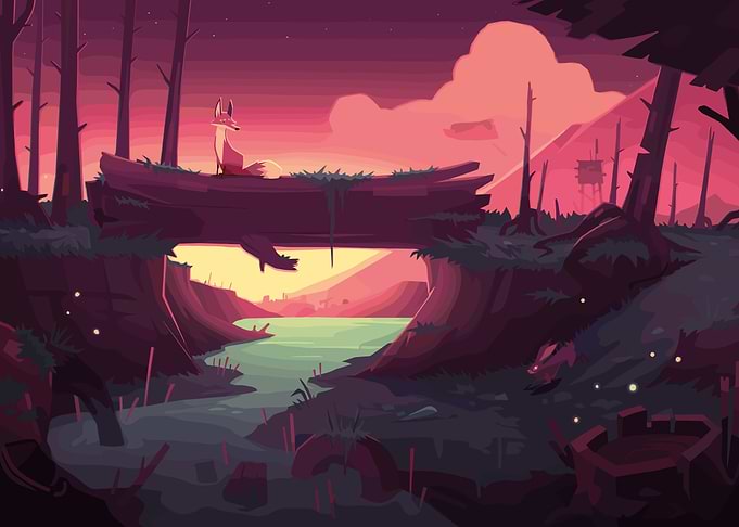 Fox on a Log in Forest