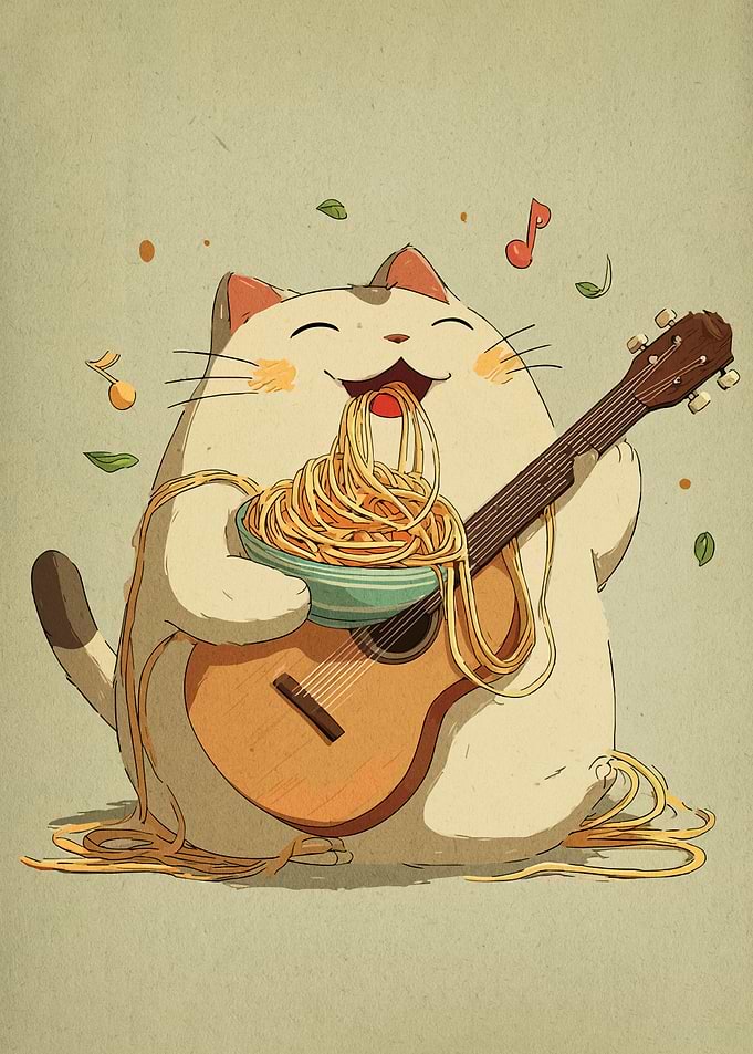 Happy Cat with Spaghetti and Guitar