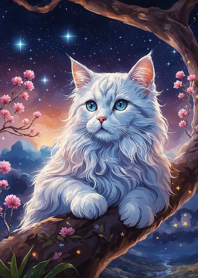 White Cat in Cherry Blossom Tree