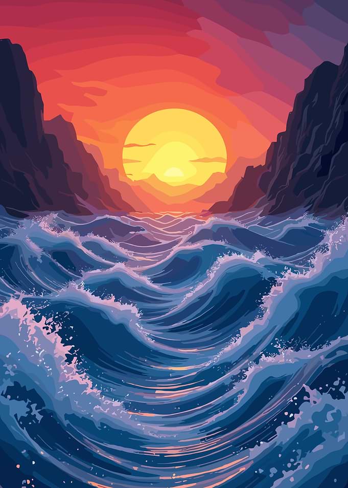 Ocean Waves at Sunset Vector Art