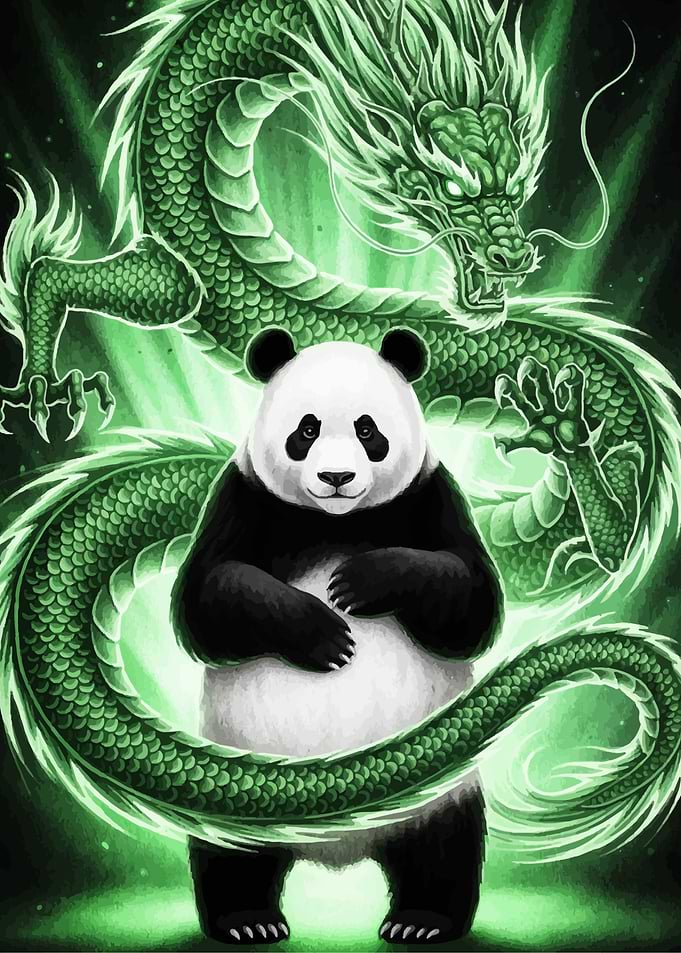 Panda and Green Dragon Illustration