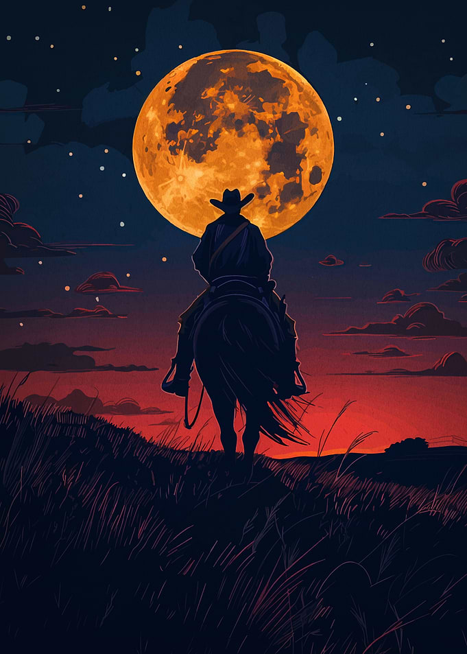 Cowboy Silhouette Under a Full Moon