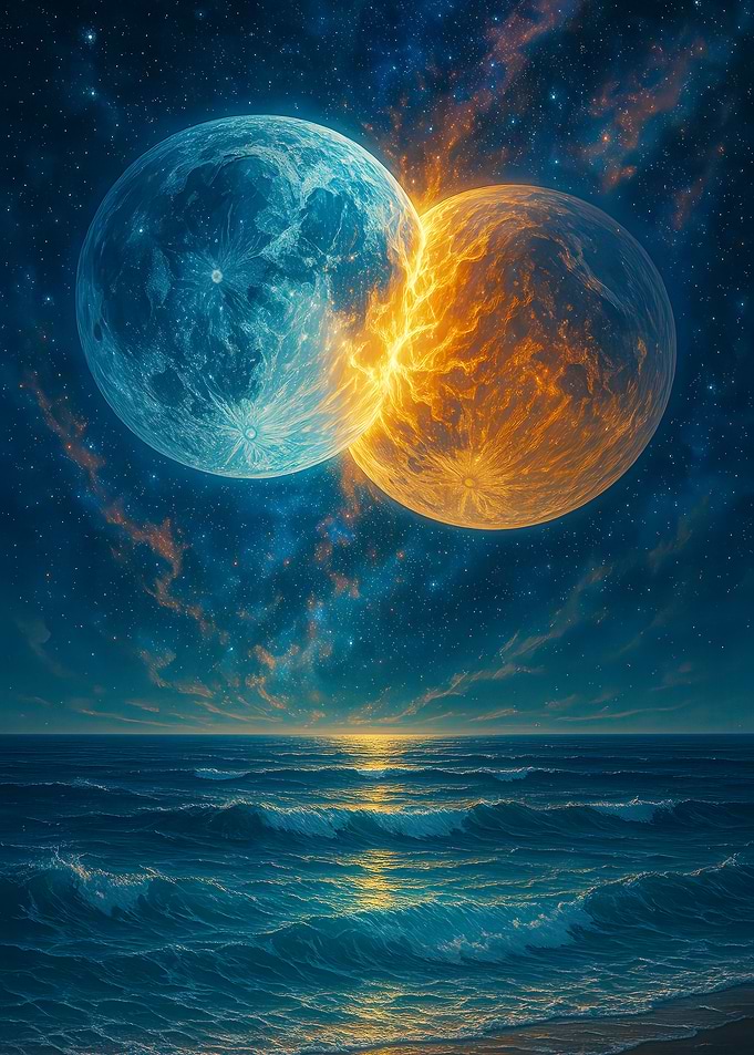 Fantasy Celestial Collision Over Ocean