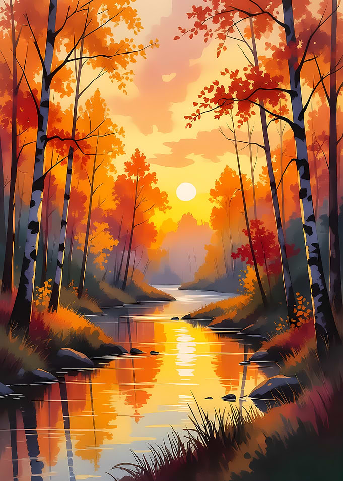 Autumn River Landscape at Sunset