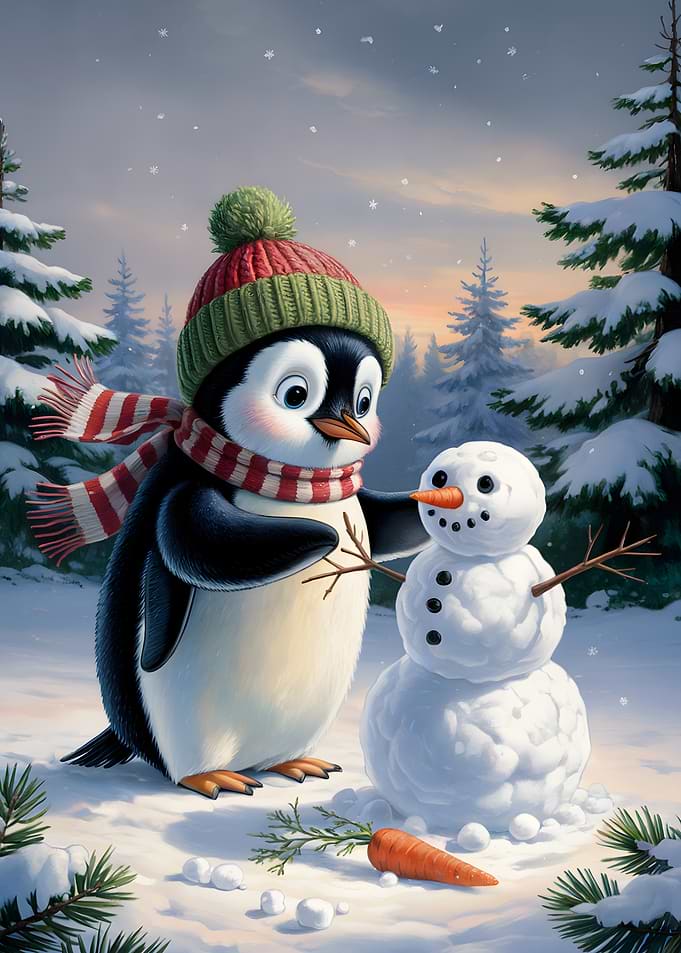 Penguin Building a Snowman in Winter