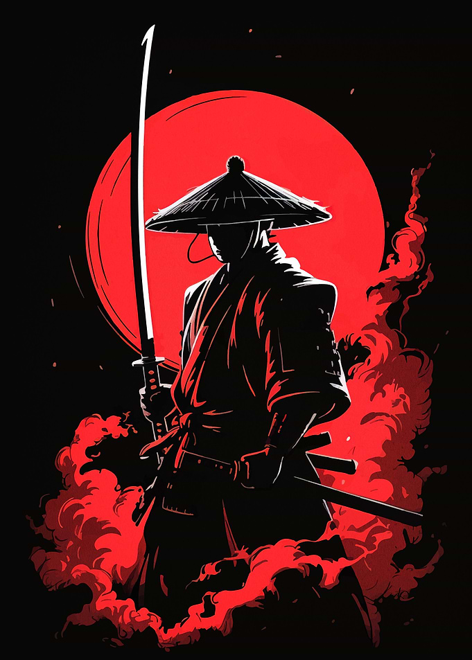 Samurai Warrior with Katana and Red Moon