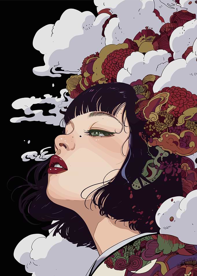 Woman with Floral and Cloud Adornments