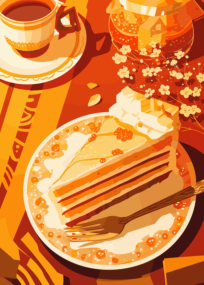 Cake, Coffee, and Honey Still Life