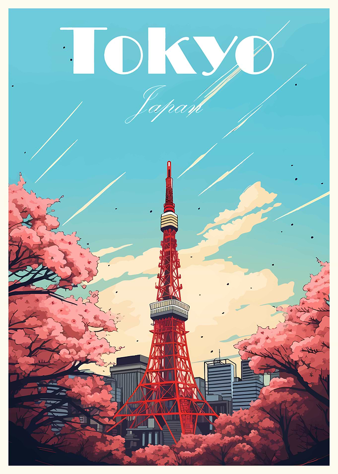 Tokyo Tower and Cherry Blossoms Art