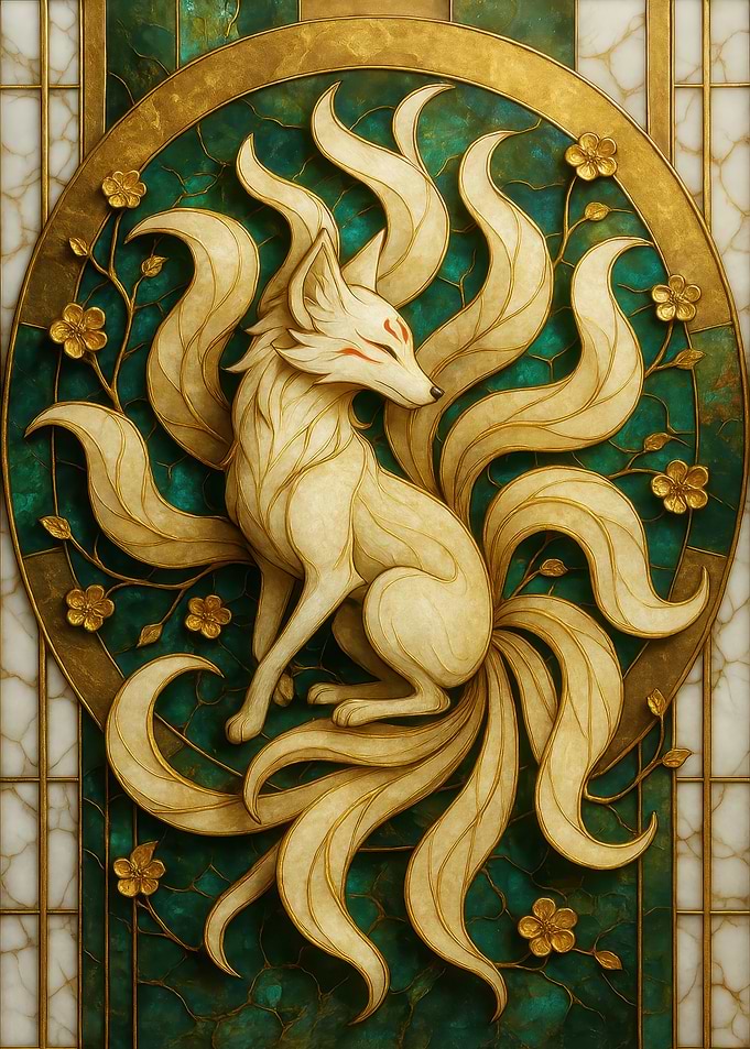 Nine-tailed fox with floral accents