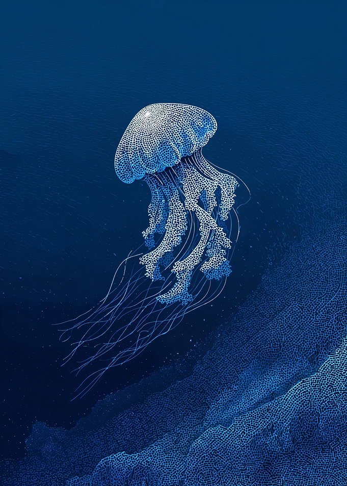 Blue Jellyfish in Deep Ocean Illustration