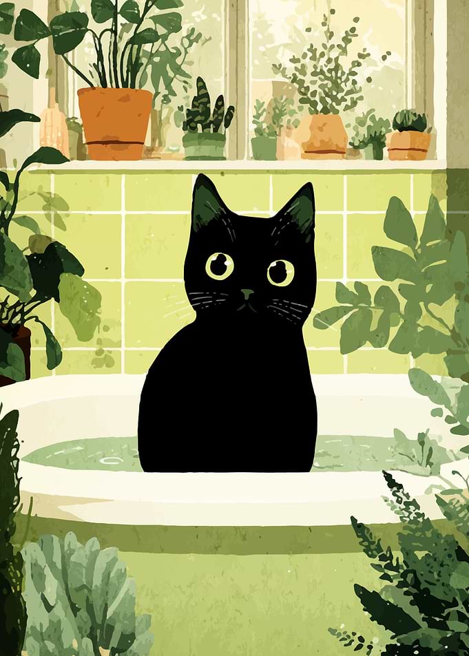 Black cat in a bathtub illustration
