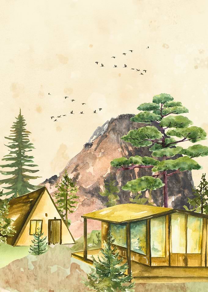 Watercolor Mountain Cabins Landscape Art