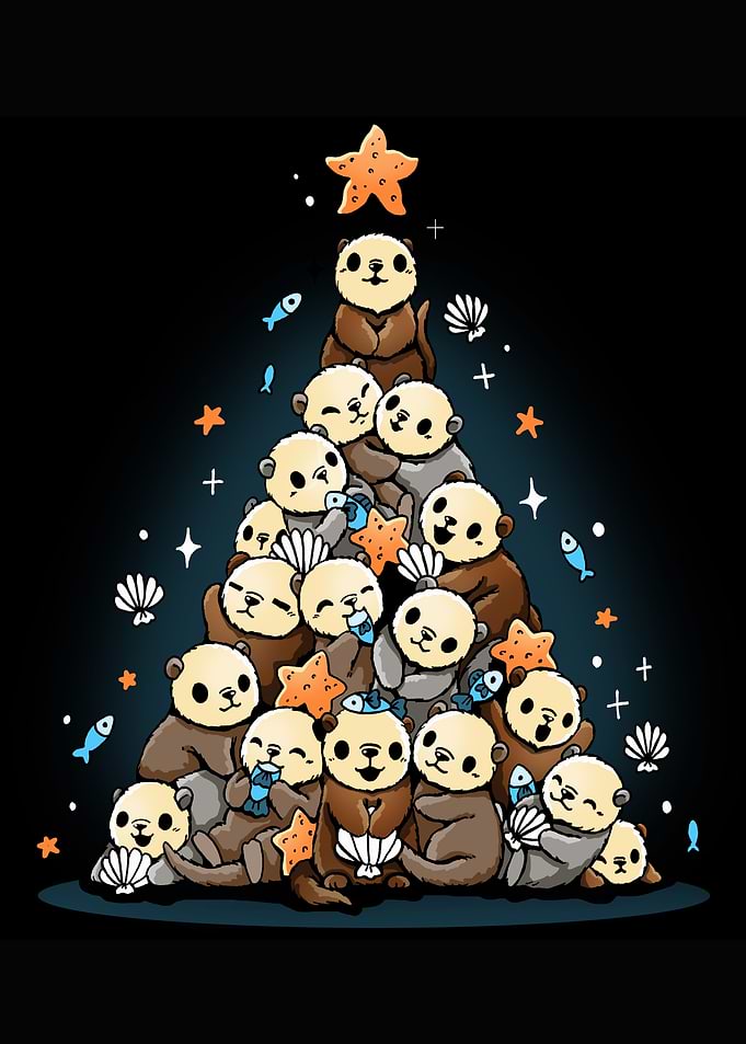 Otter Christmas Tree Cartoon Illustration