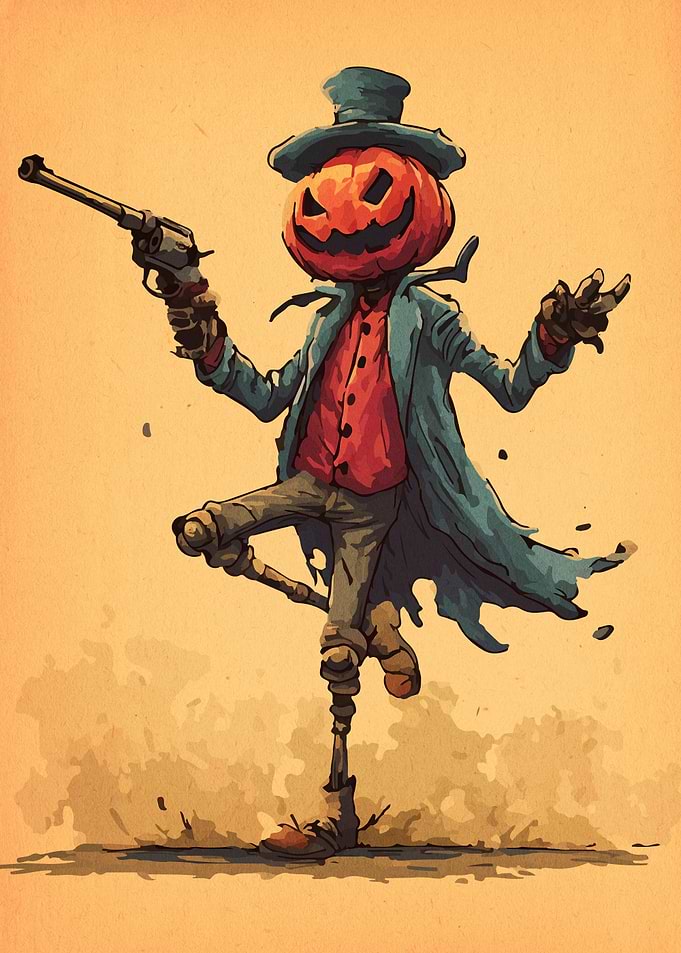 Pumpkin-headed figure with a gun