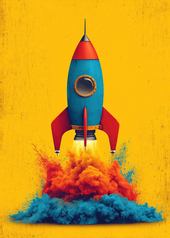 Retro Rocket Launch with Colorful Smoke