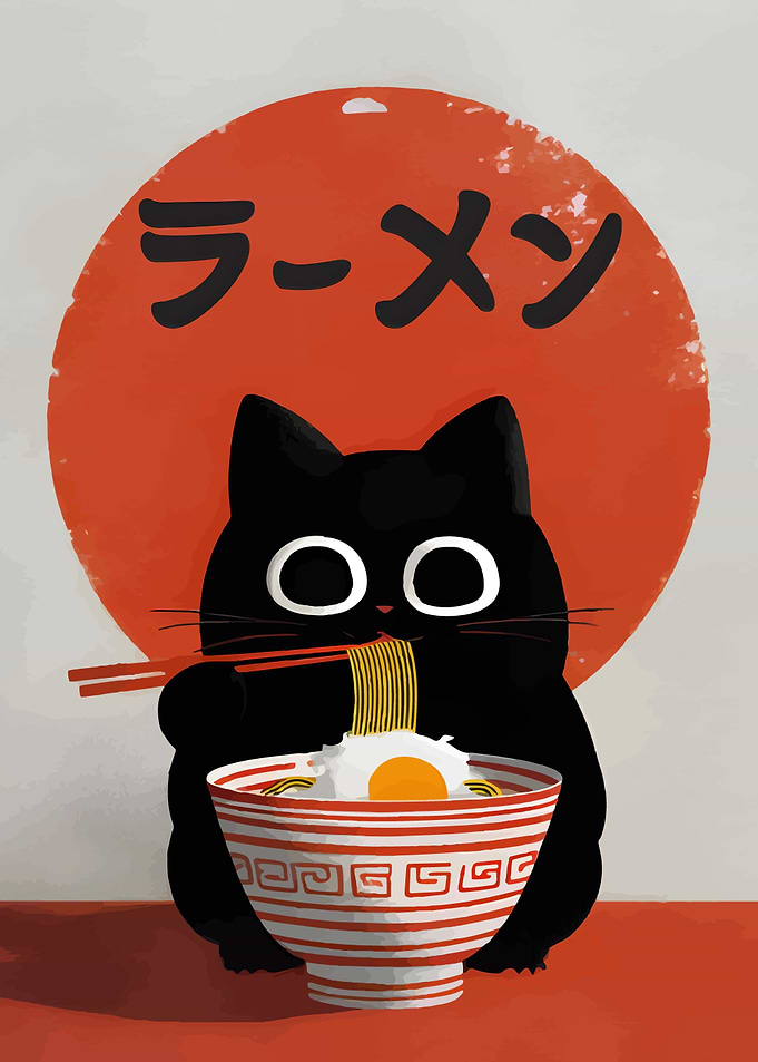 Black Cat Eating Ramen