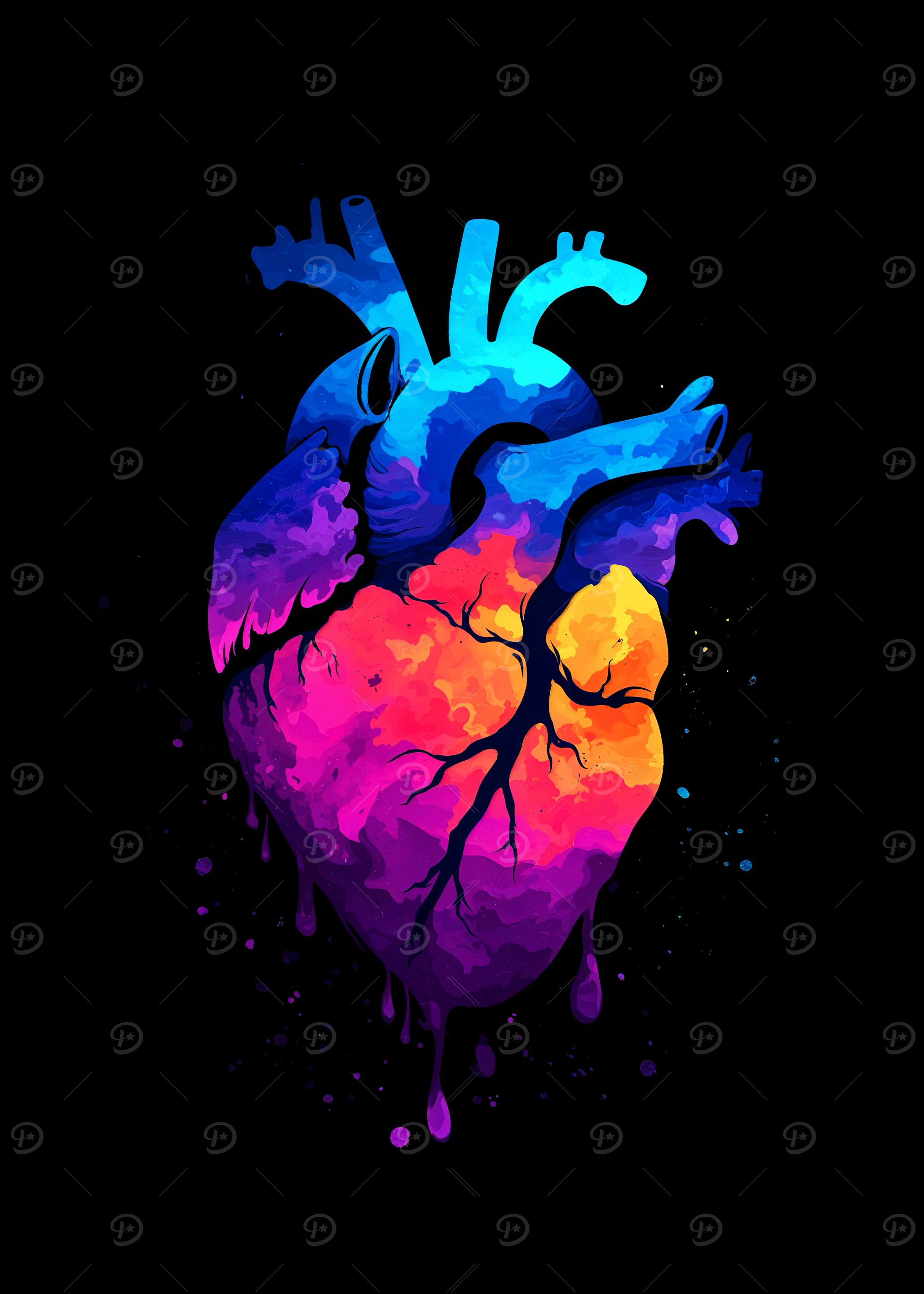 Colorful Anatomical Heart on Black Background