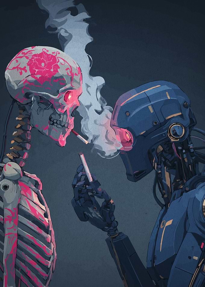 Skeleton and Robot Smoking Cigarettes