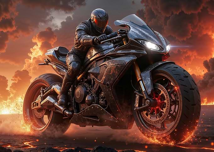 Motorcycle Rider in Fiery Landscape