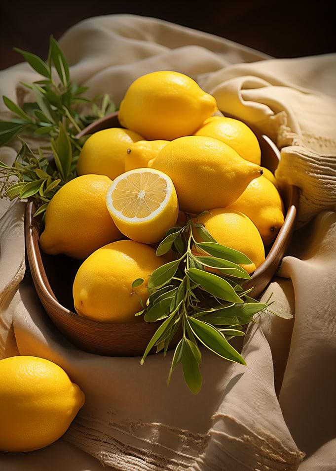 Lemons in Bowl with Greenery