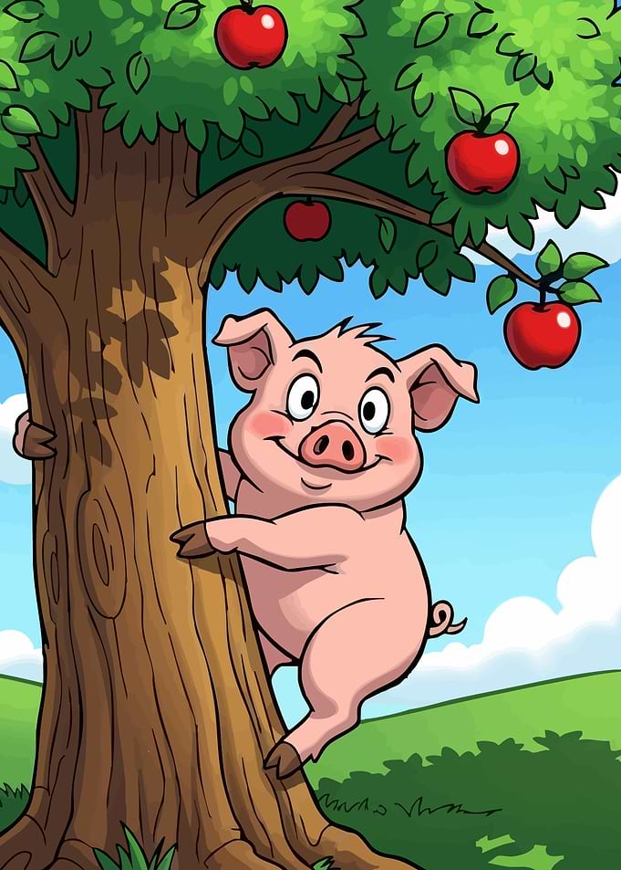 Pig Climbing Apple Tree