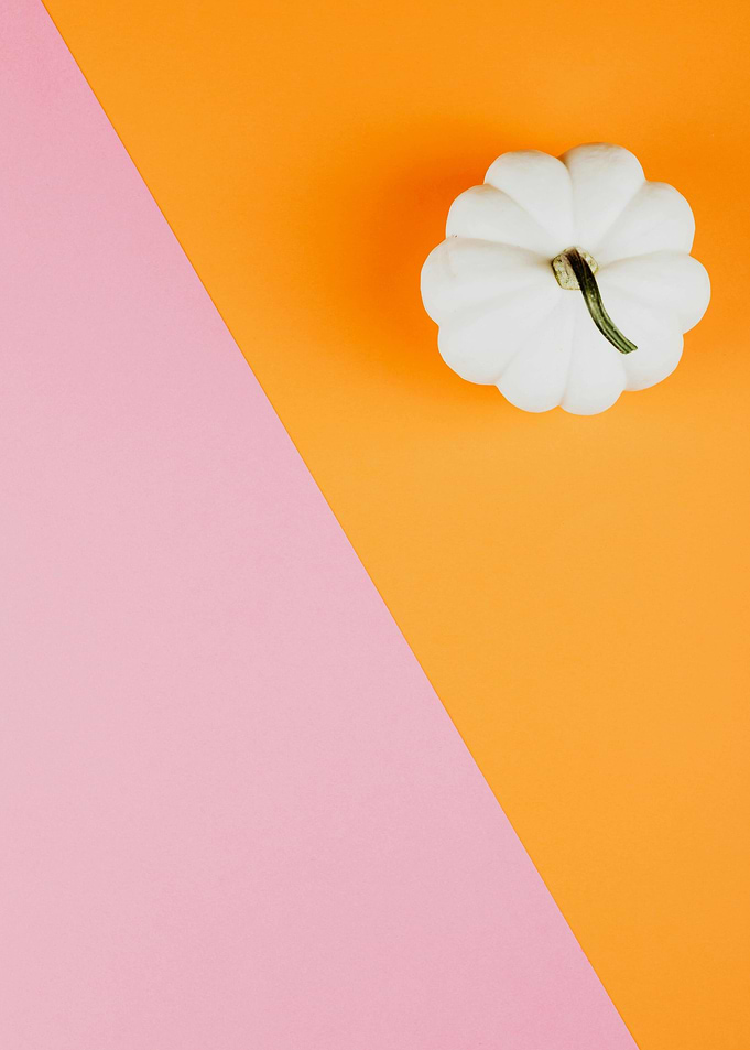 White pumpkin on pink and orange background