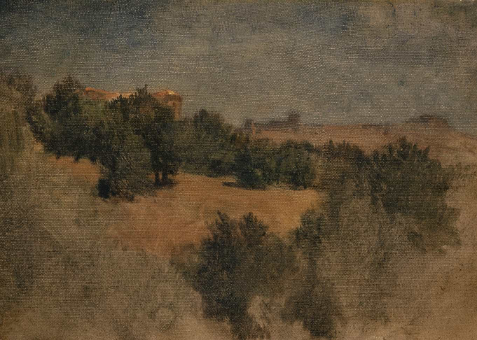 Landscape painting with trees and hills