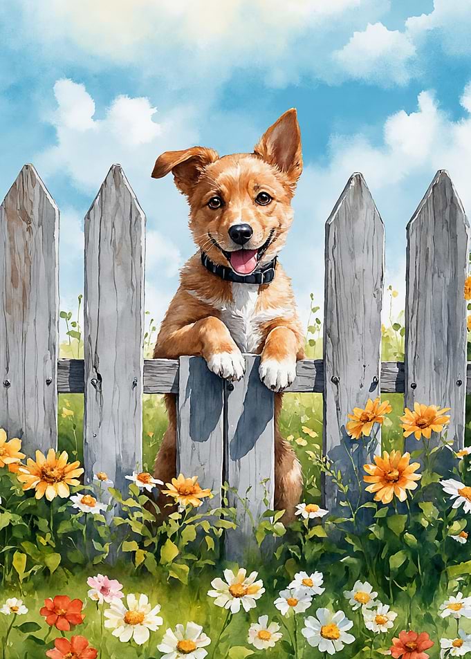 Watercolor Puppy Peeking Over Fence
