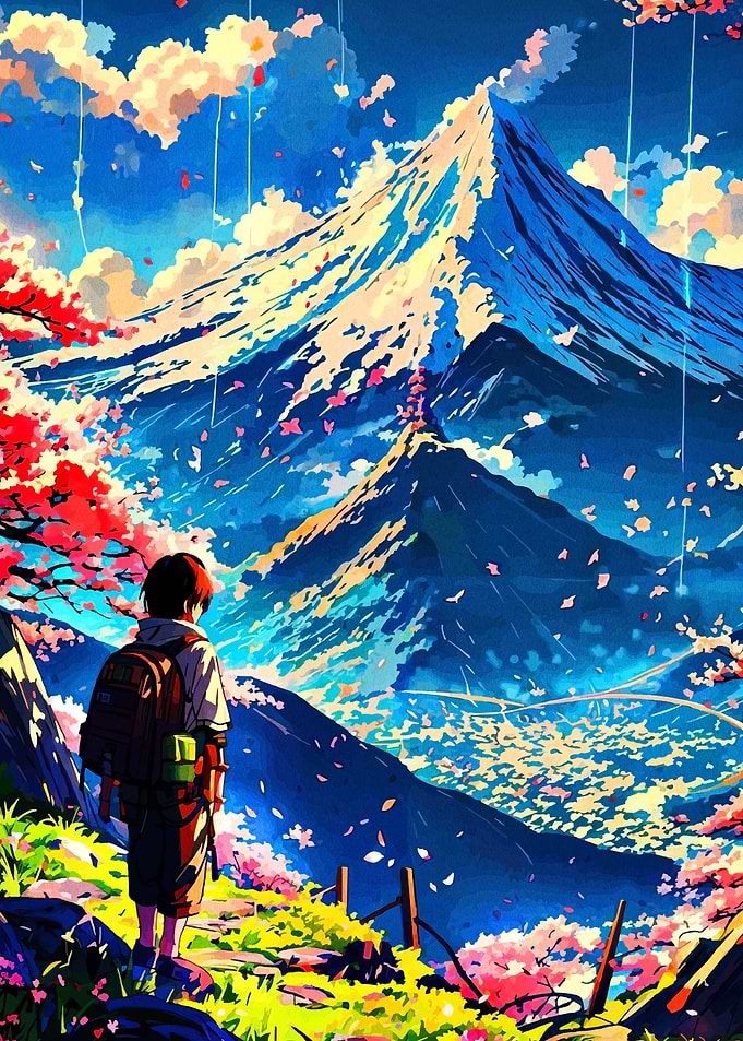 Mountain View with Hiker and Cherry Blossoms