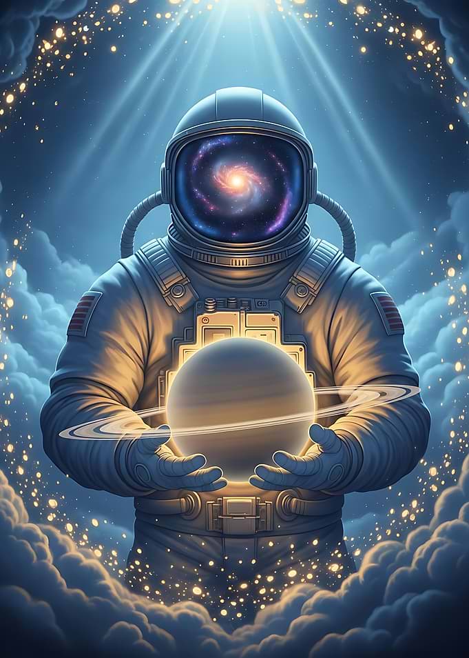 Astronaut Holding Saturn in Space