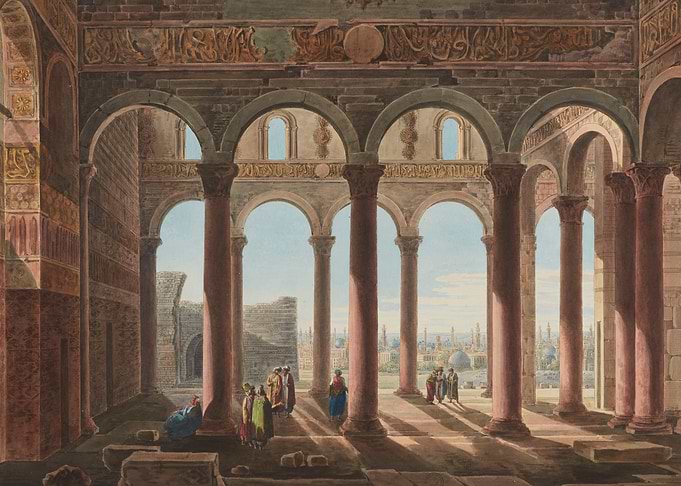 Architectural painting with columns and figures