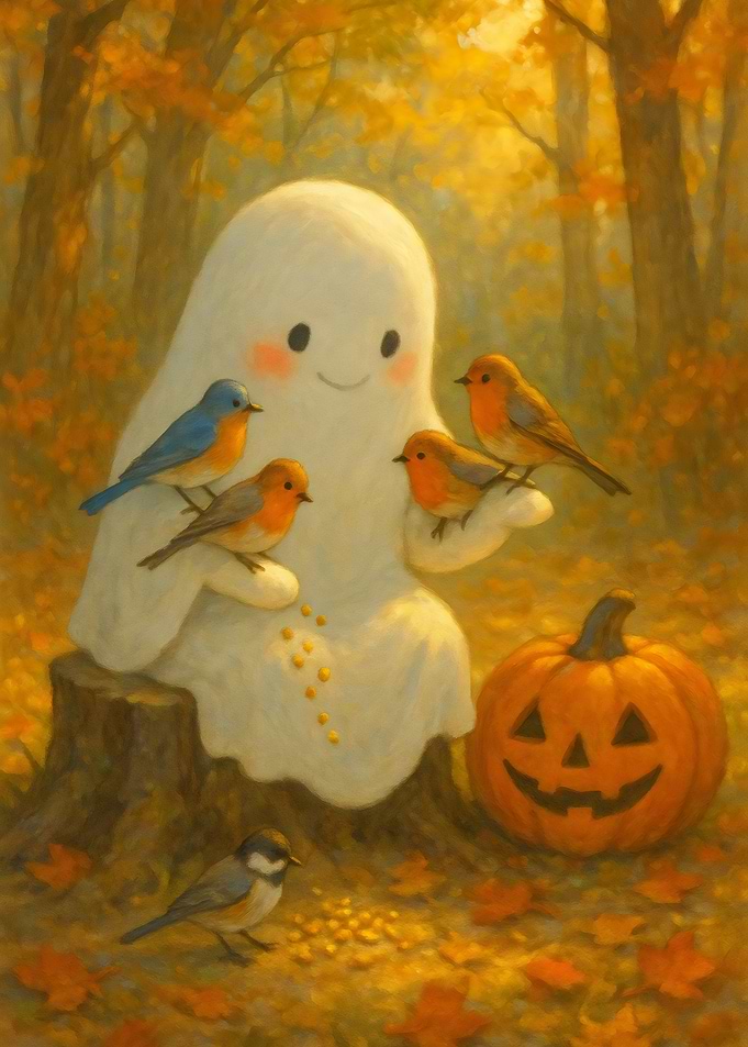 Cute Ghost feeding Birds