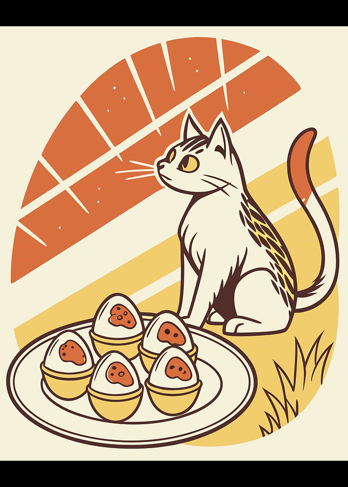 Cat with Deviled Eggs Illustration