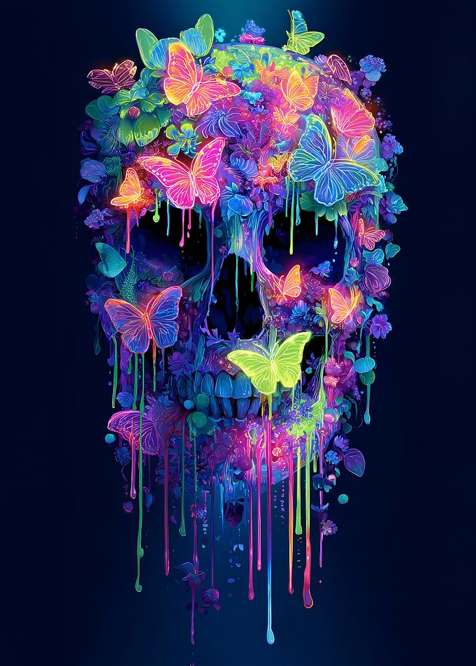 Neon Skull with Butterflies and Flowers