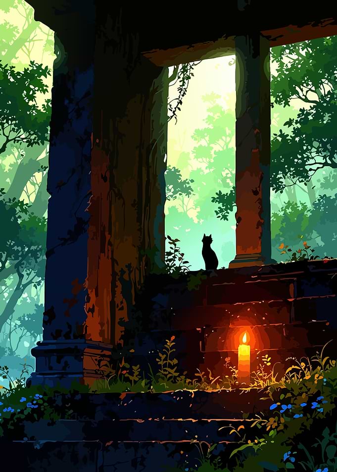 Cat Silhouette by Candlelight in Ruins