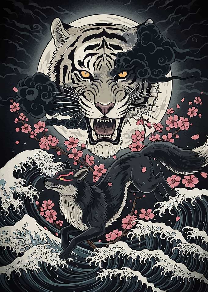 Tiger Fox Waves Cherry Blossoms