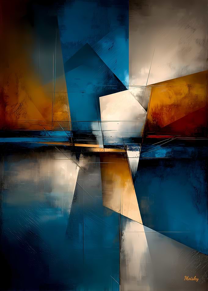 Abstract Pentagonal Form – Blue, Gold & Ivory Geometry