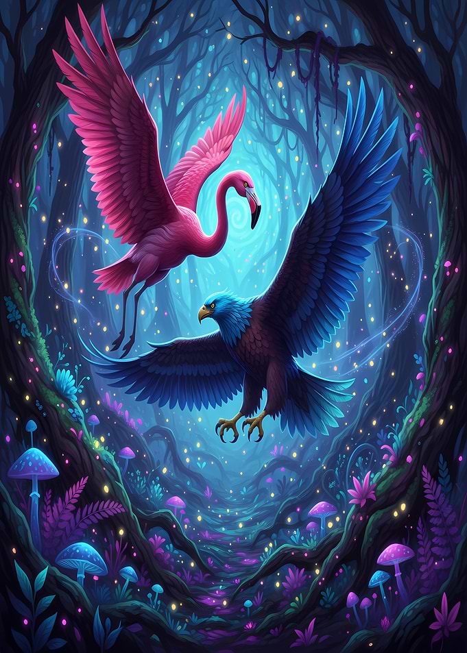 Flamingo and Eagle in Enchanted Forest