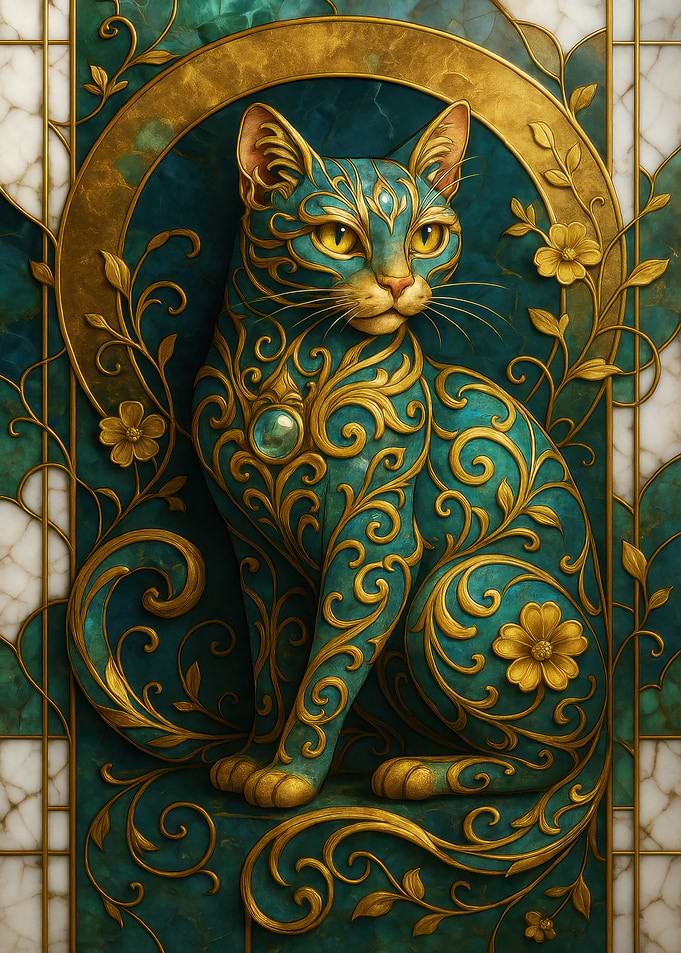 Ornate Teal and Gold Cat Portrait